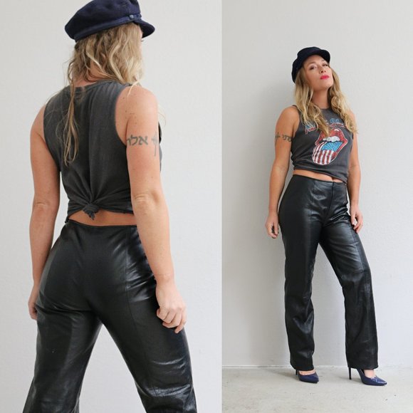 1990's Low Rise Black Leather Pants// Size Extra Small to Small// 30" Waist